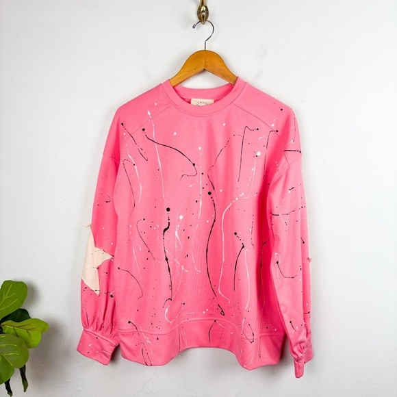 Fantastic Fawn Hot Pink Splatter Paint Star Patch Sweatshirt Sz S - Picture 1 of 7